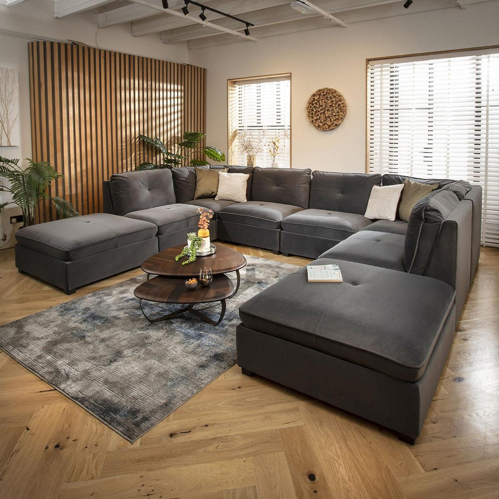 Anni 6 Seater U-Shape Sofa Grey Velvet 366x279cm 10