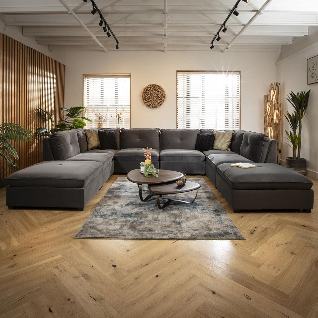 Anni 6 Seater U-Shape Sofa Grey Velvet 366x279cm 10