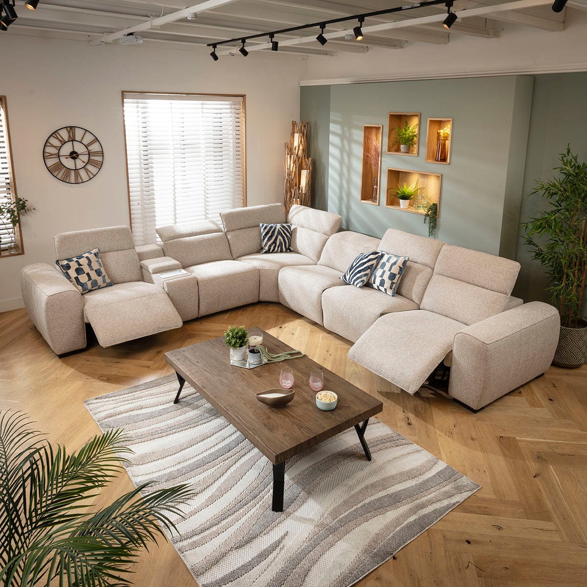 Lola Large 6 Seater Recliner Corner Sofa & Console Beige 372x329cm 15C1