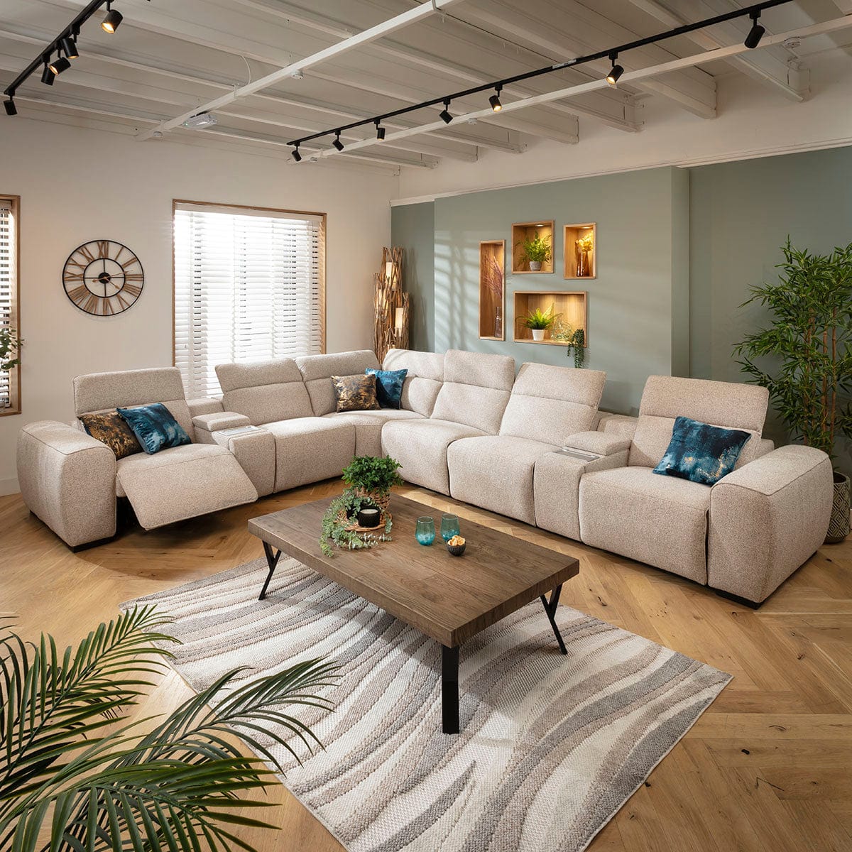 Lola Large 6 Seater Recliner Corner Sofa & Consoles Beige 405x329cm 15C2