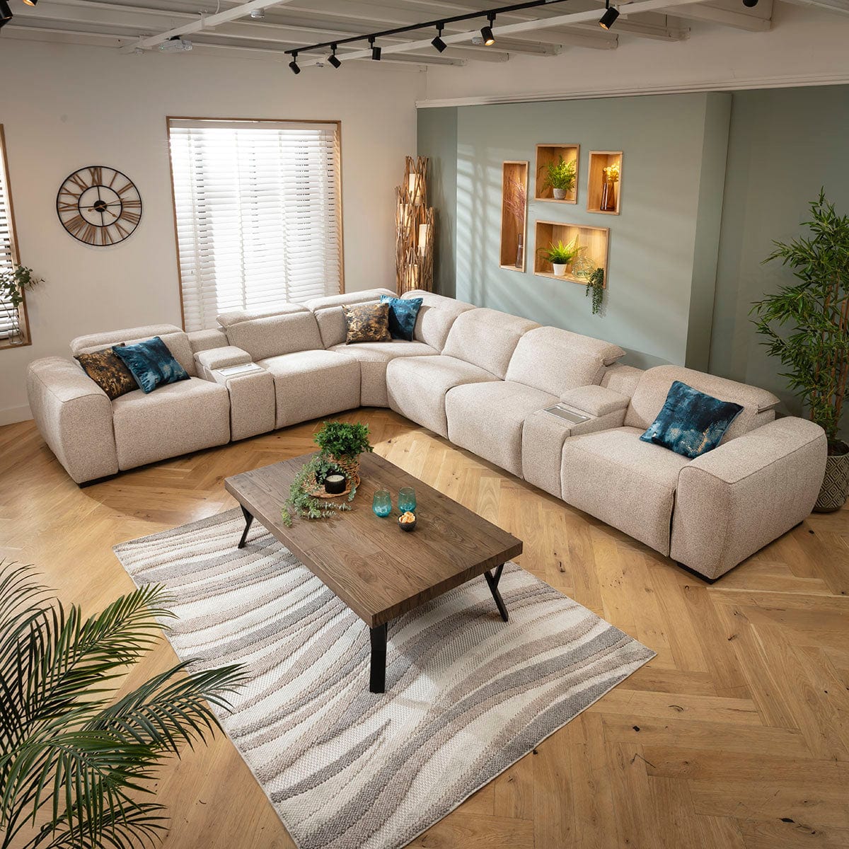 Lola Large 6 Seater Recliner Corner Sofa & Consoles Beige 405x329cm 15C2