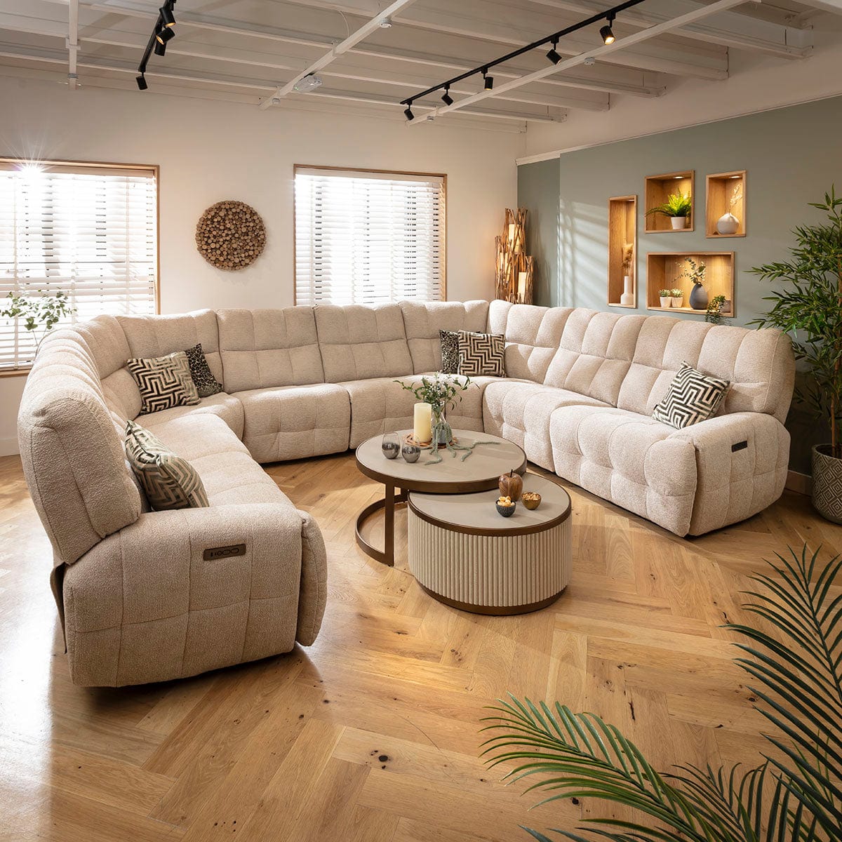 Luca Large 8 Seater Triple Recliner U-Shape Sofa Beige Chenille 390x300cm 11R1