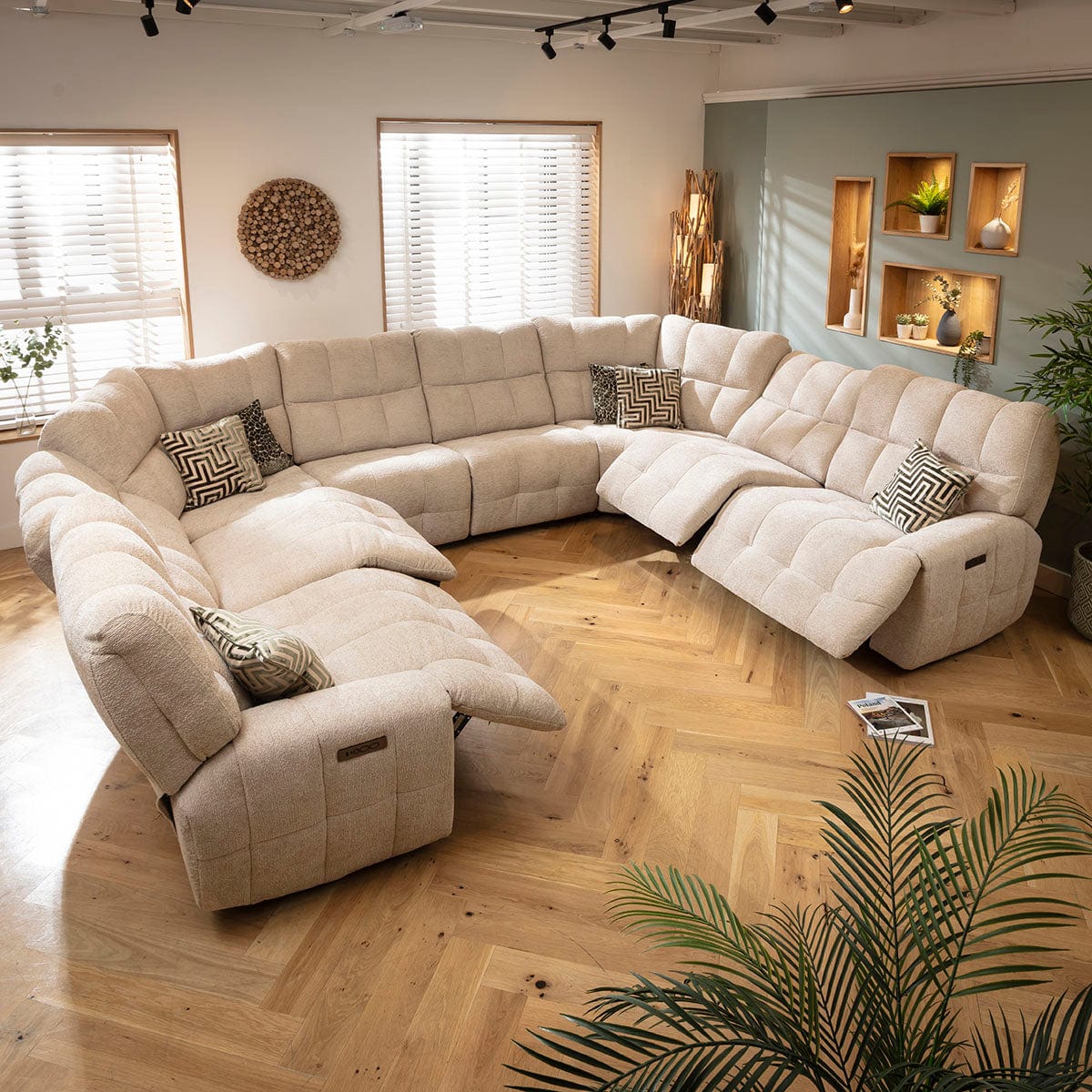 Luca Large 8 Seater Quad Recliner U-Shape Sofa Beige Chenille 390x300cm 11R2
