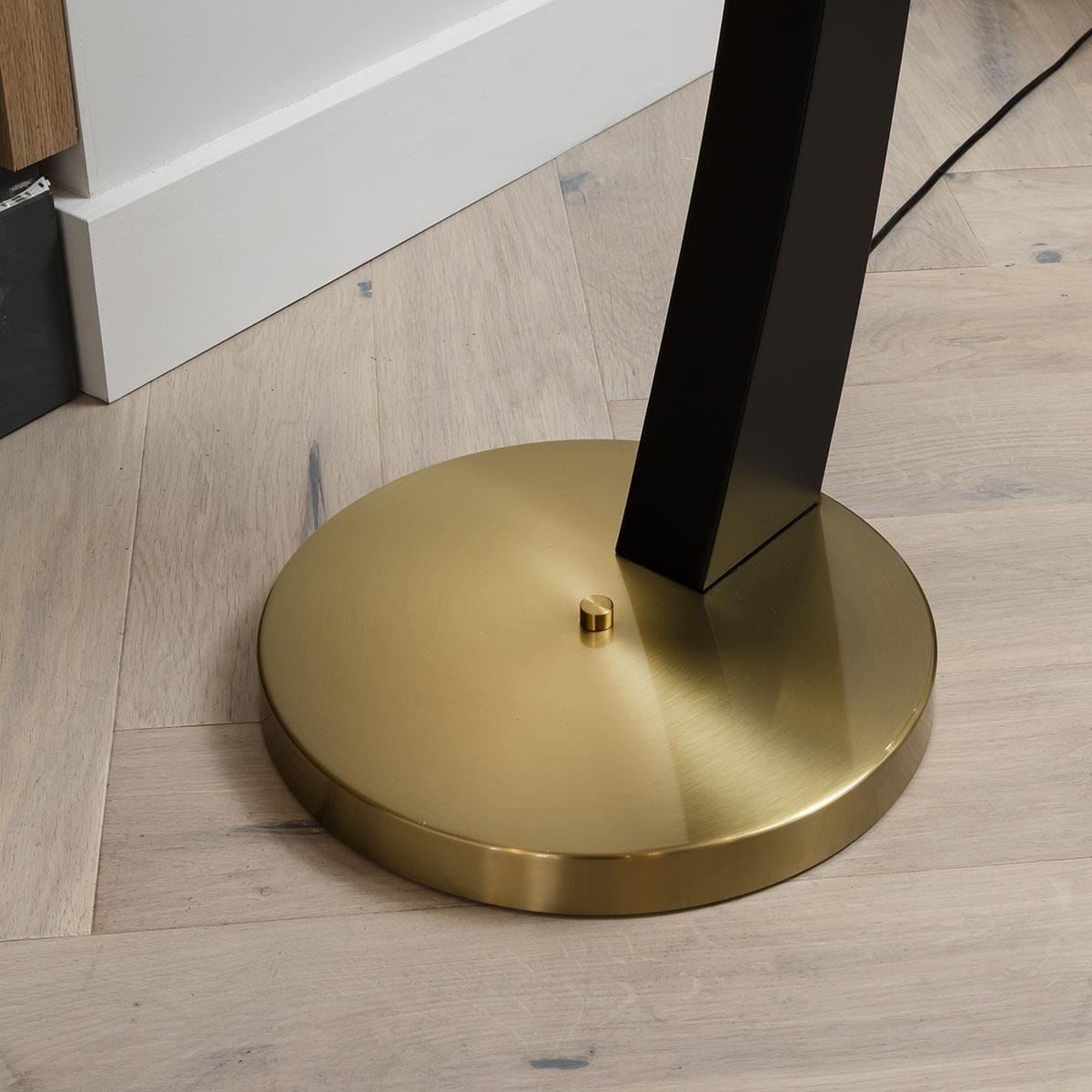 Large Arc Overreach Floor Lamp - Gold Metal, Black Base, White Shade