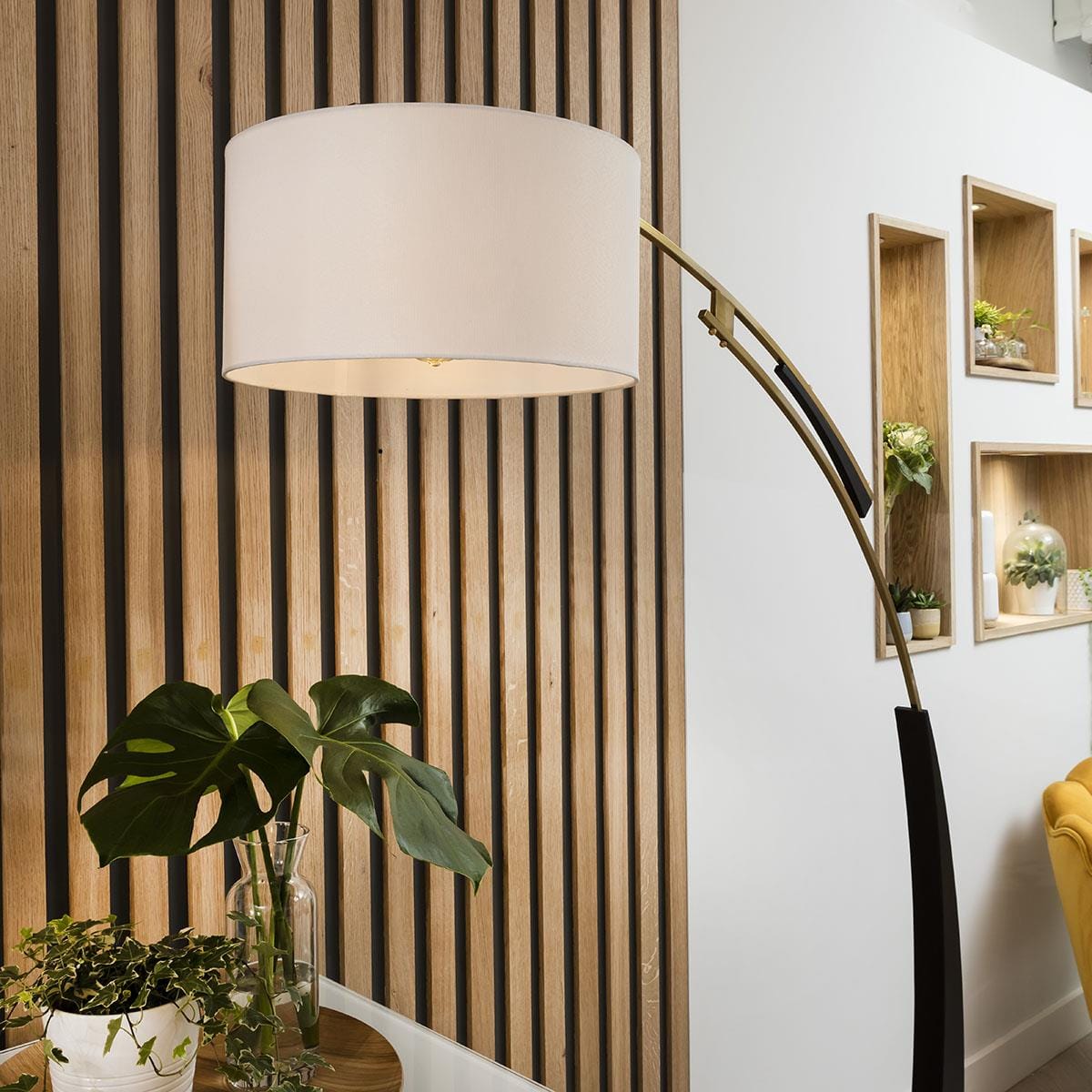 Large Arc Overreach Floor Lamp - Gold Metal, Black Base, White Shade