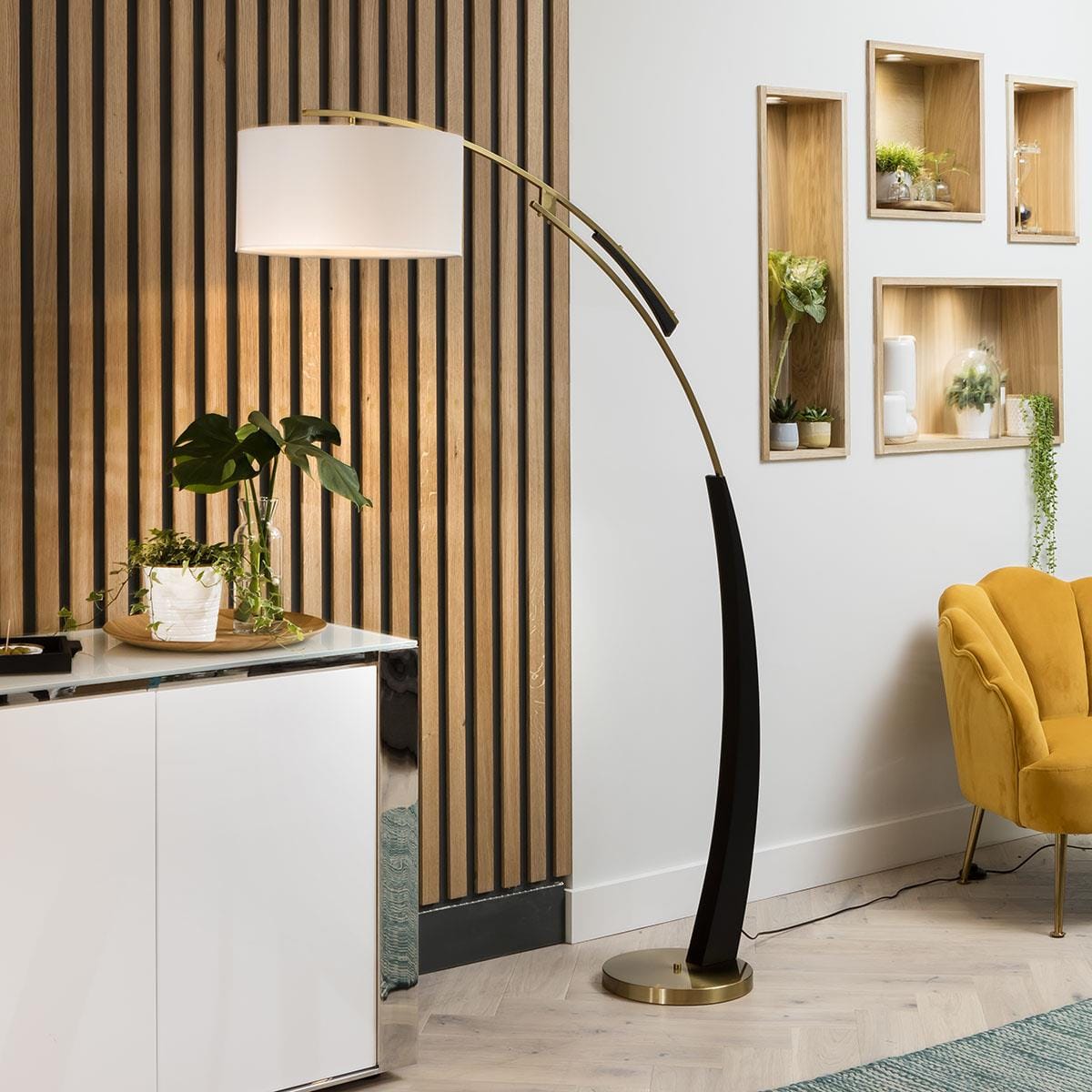 Large Arc Overreach Floor Lamp - Gold Metal, Black Base, White Shade