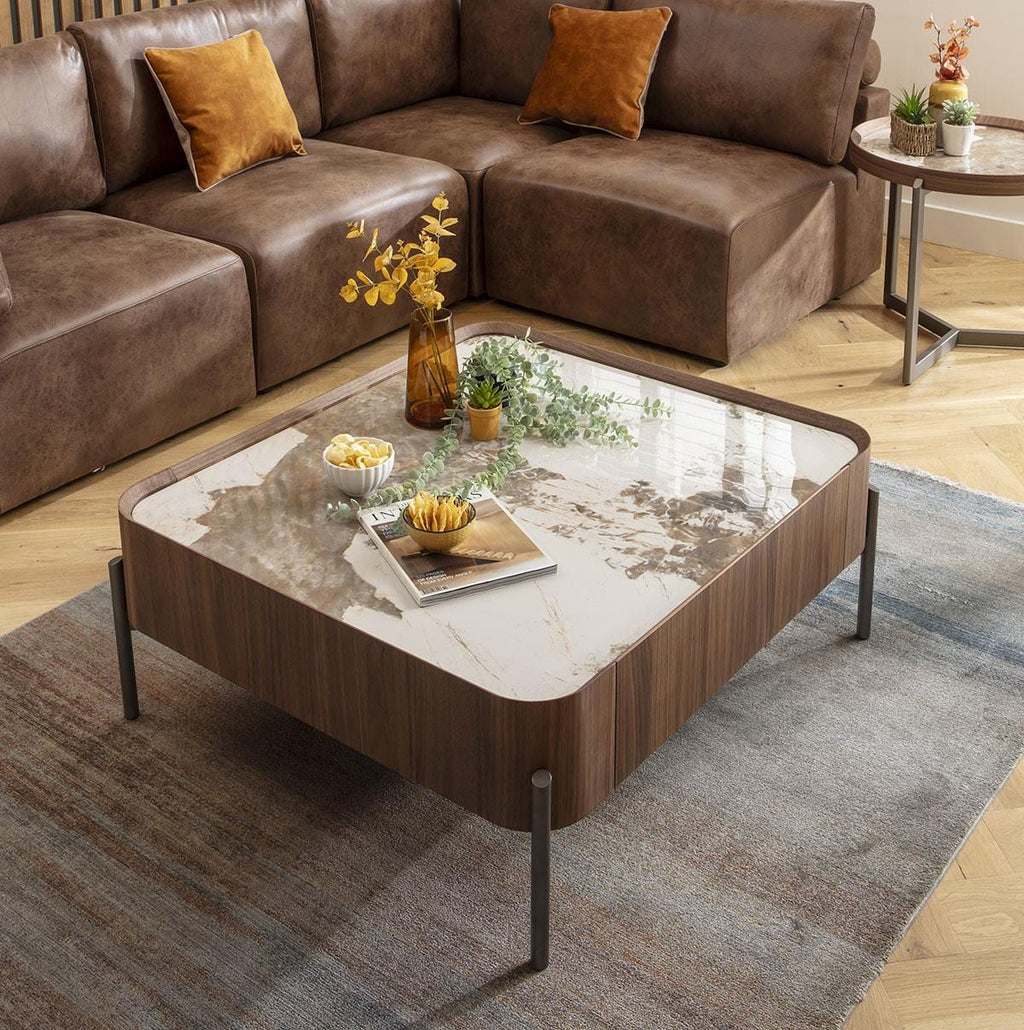 Galilei Ceramic Marble Coffee Table with Drawer Walnut 100cm
