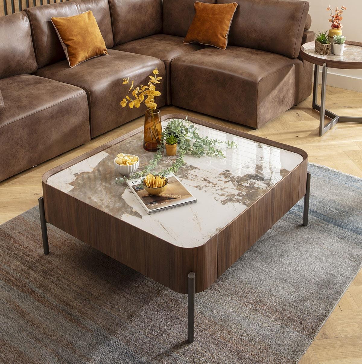 Galilei Ceramic Marble Coffee Table with Drawer Walnut 100cm