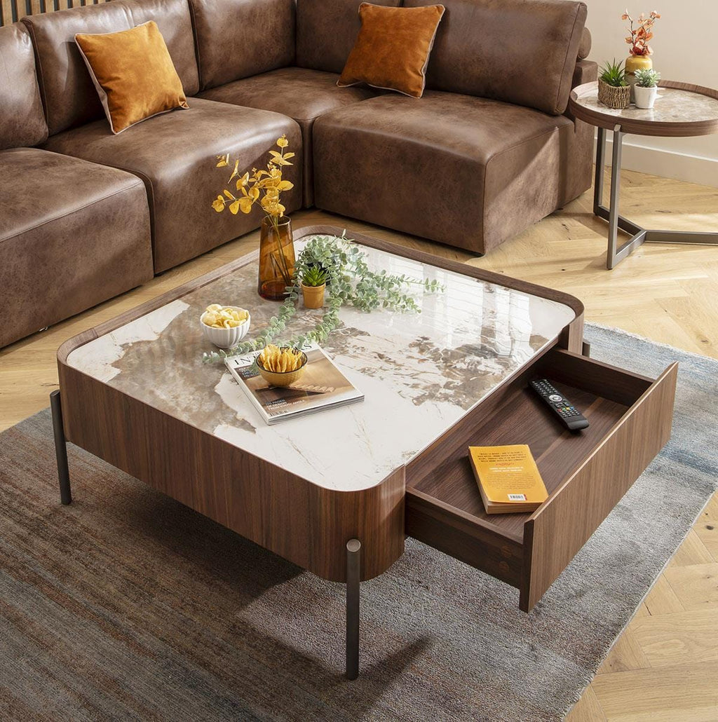 Galilei Ceramic Marble Coffee Table with Drawer Walnut 100cm