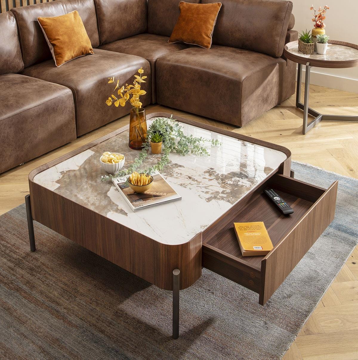 Galilei Ceramic Marble Coffee Table with Drawer Walnut 100cm