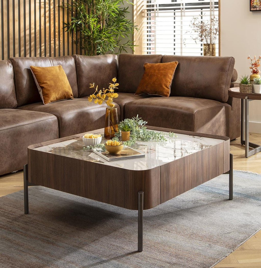 Galilei Ceramic Marble Coffee Table with Drawer Walnut 100cm