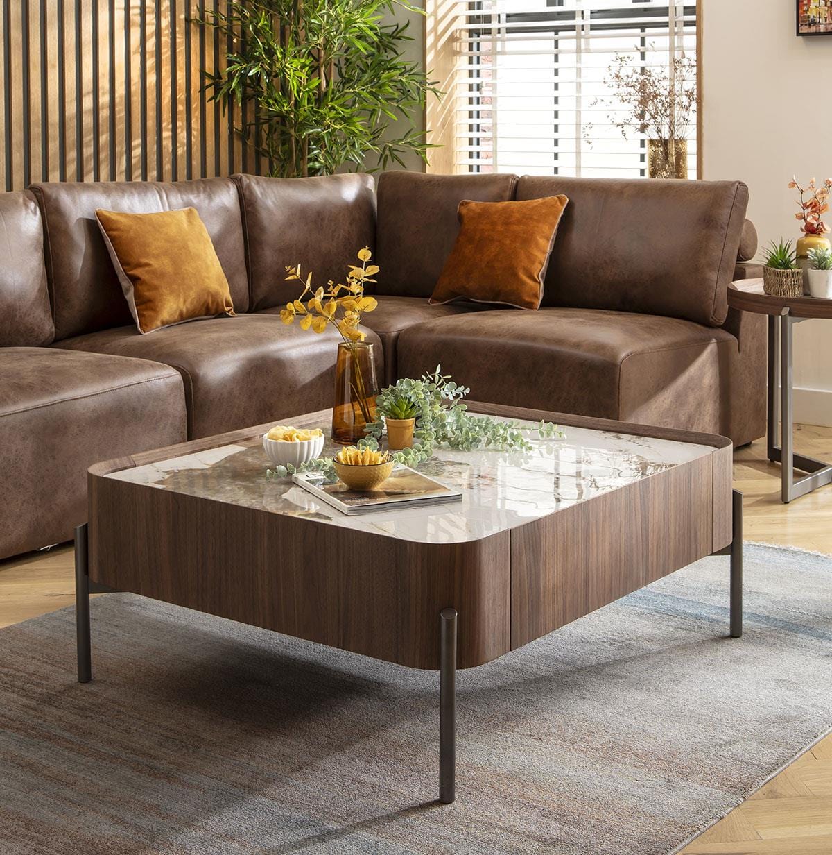 Galilei Ceramic Marble Coffee Table with Drawer Walnut 100cm