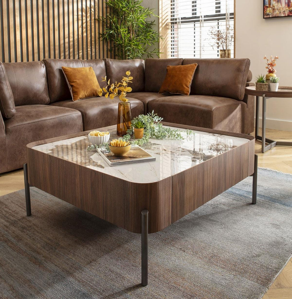 Galilei Ceramic Marble Coffee Table with Drawer Walnut 100cm