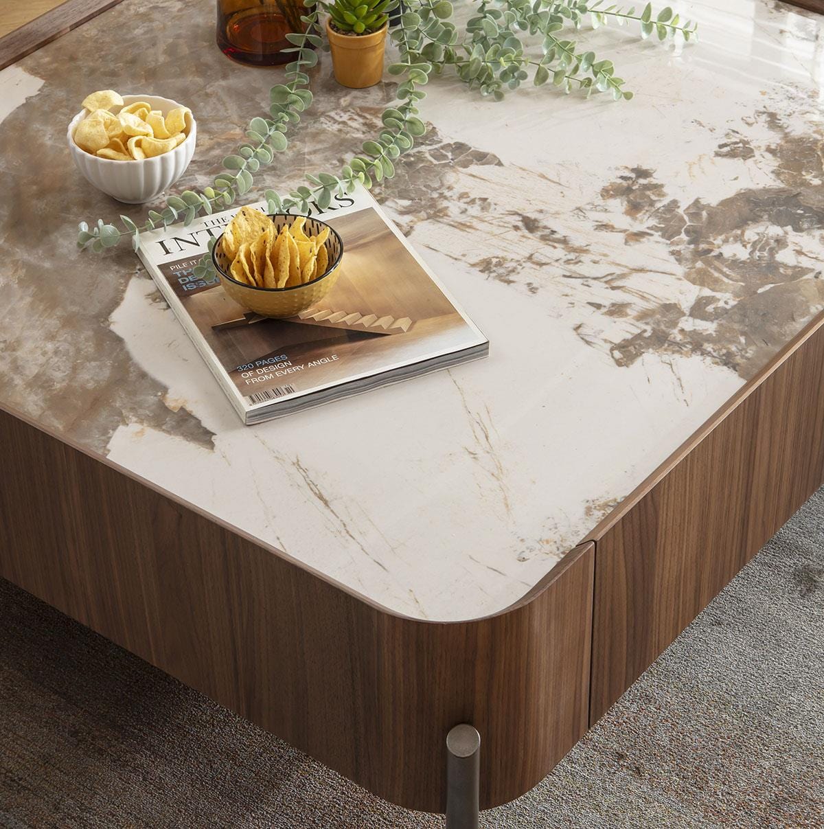 Galilei Ceramic Marble Coffee Table with Drawer Walnut 100cm