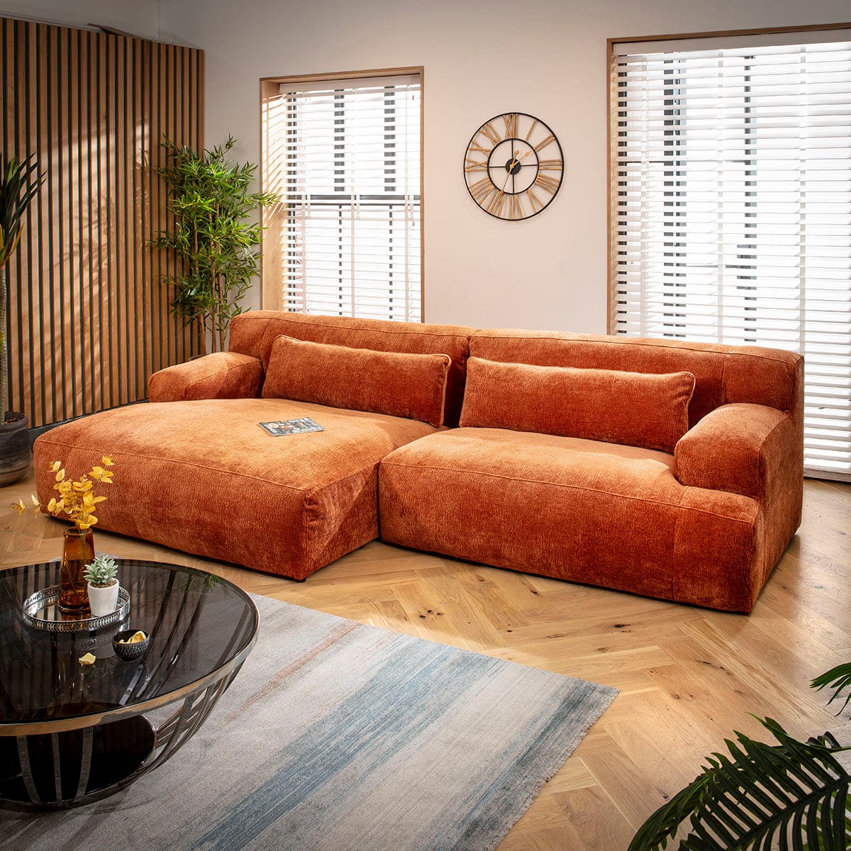 Lecco Modern Corner Chaise Sofa Burnt Orange 300x160cm