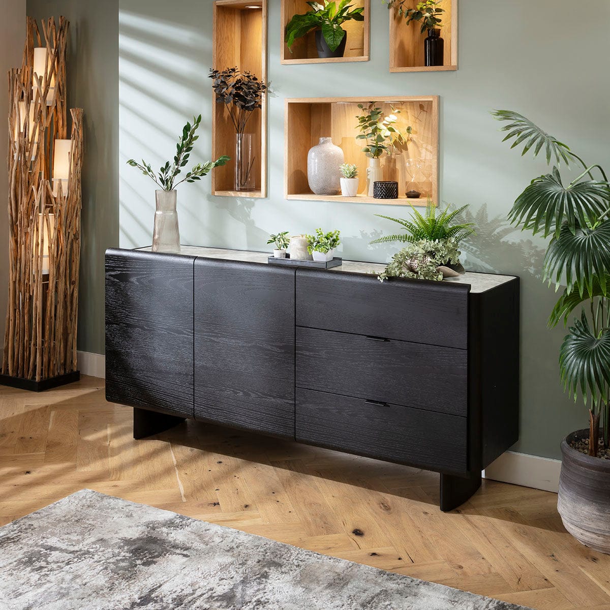 Hastings Large Modern Sideboard Buffet Black Oak Ceramic 180x45cm