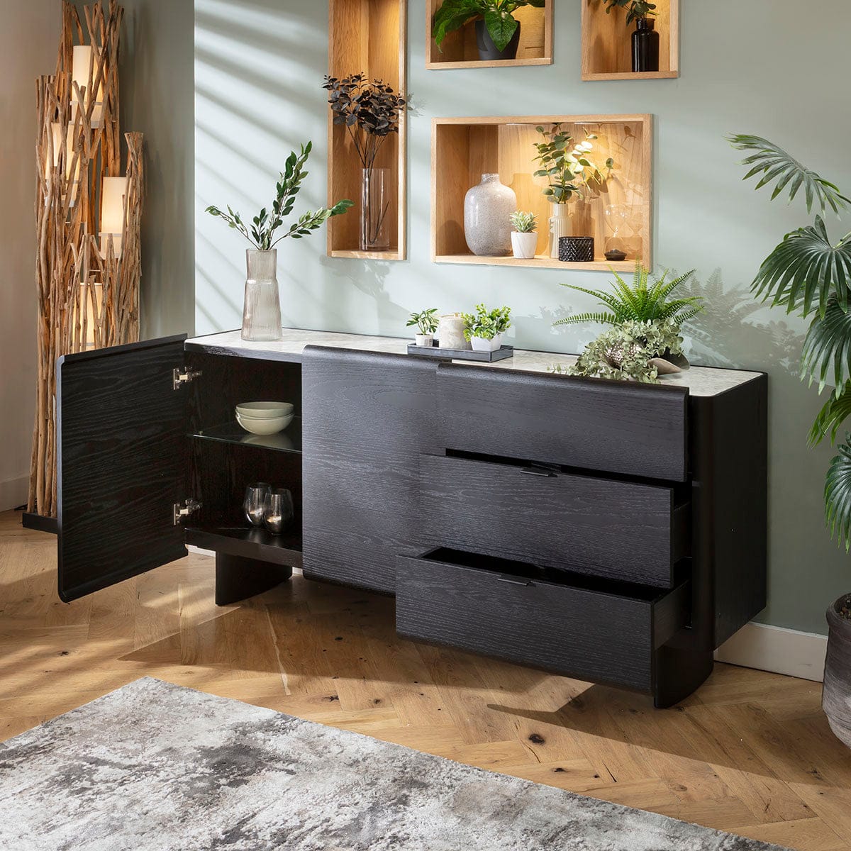 Hastings Large Modern Sideboard Buffet Black Oak Ceramic 180x45cm