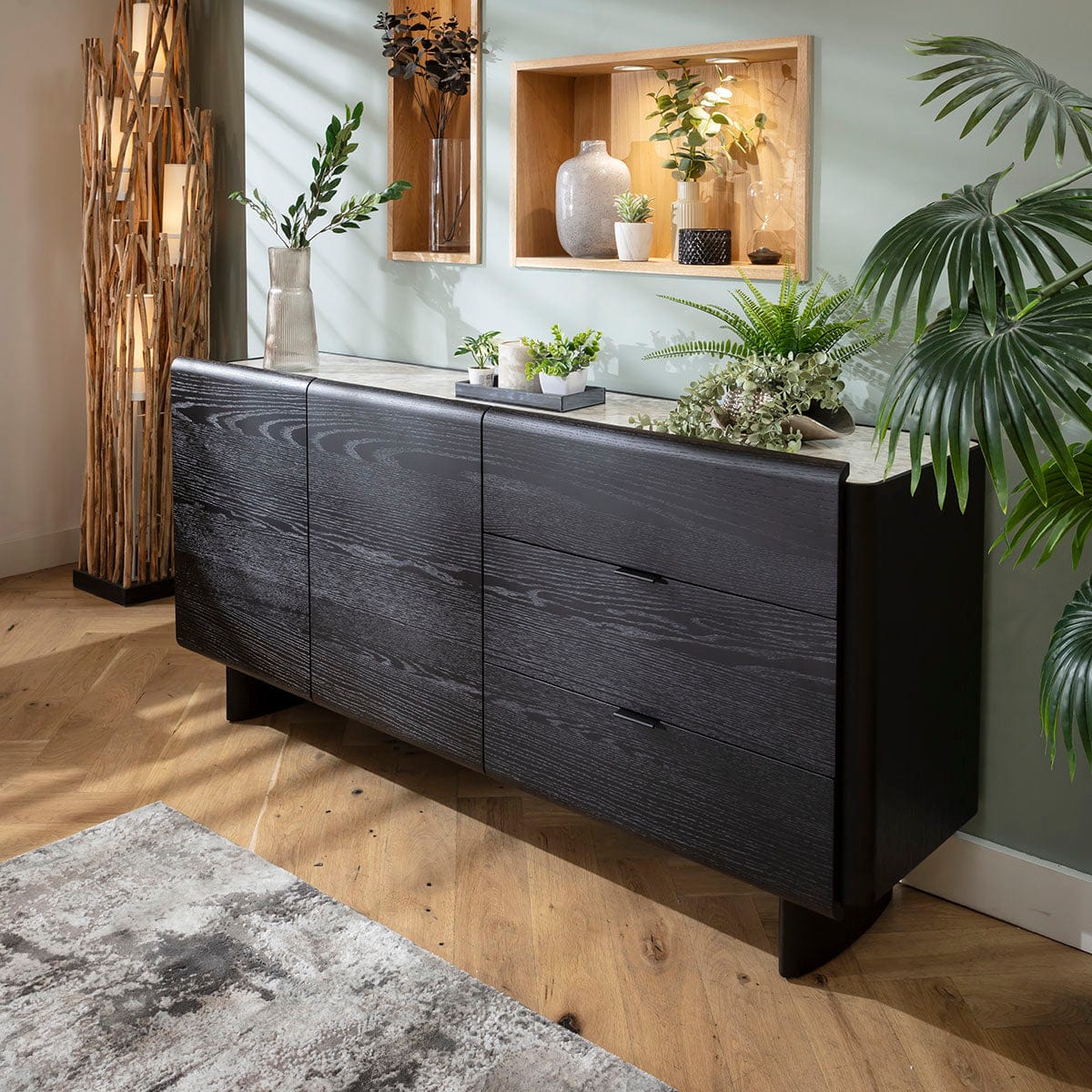Hastings Large Modern Sideboard Buffet Black Oak Ceramic 180x45cm
