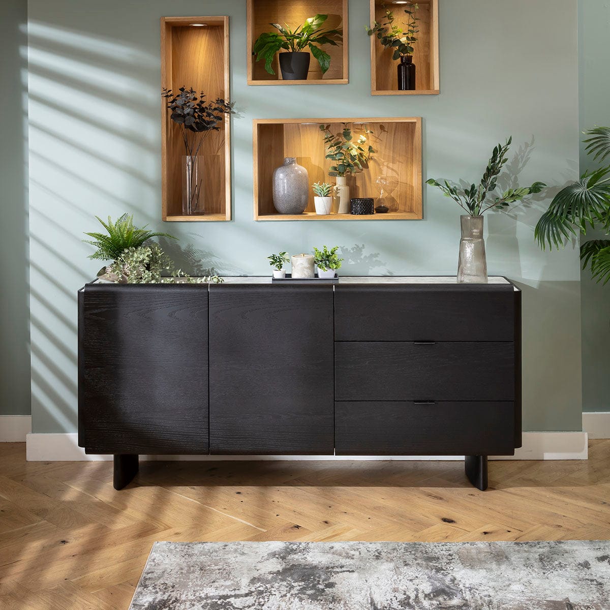 Hastings Large Modern Sideboard Buffet Black Oak Ceramic 180x45cm