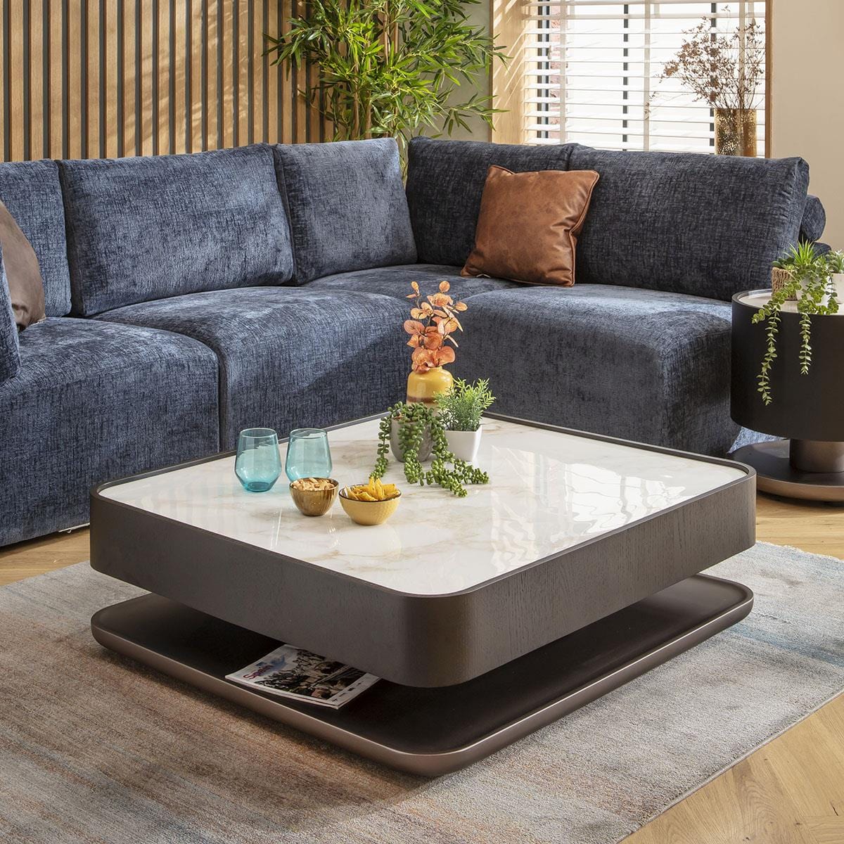 Ashlon Black Coffee Table White Marble Effect Ceramic 103x93cm