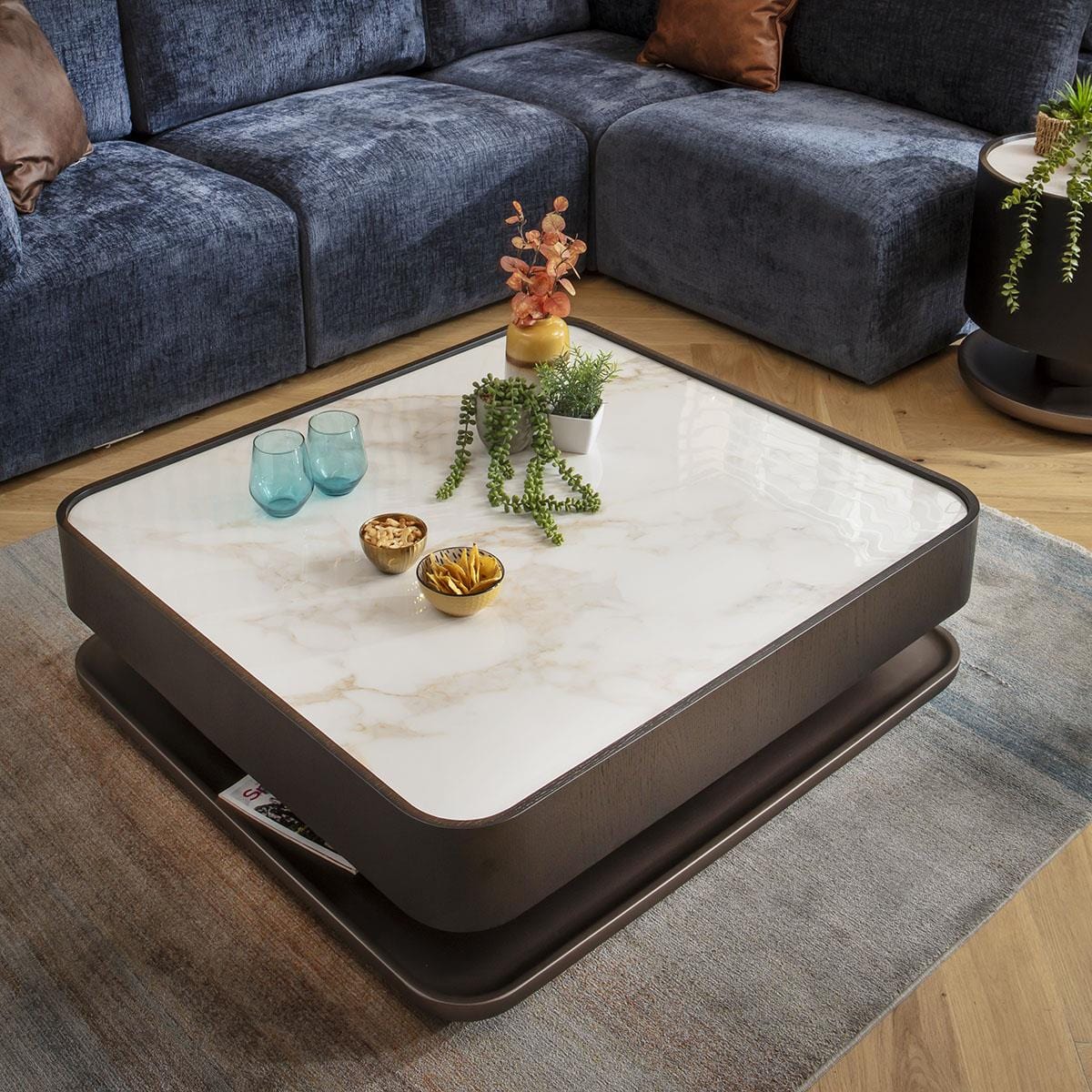 Ashlon Black Coffee Table White Marble Effect Ceramic 103x93cm