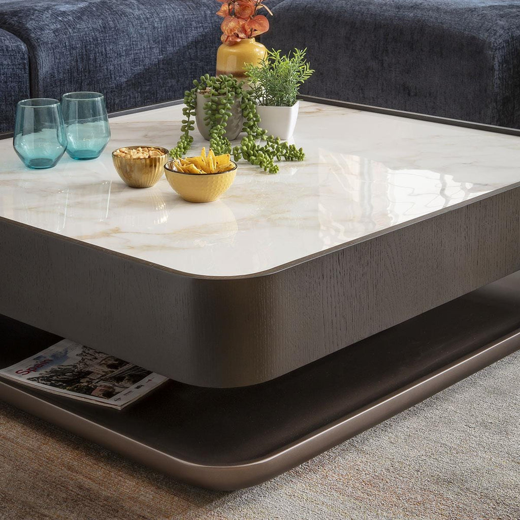 Ashlon Black Coffee Table White Marble Effect Ceramic 103x93cm