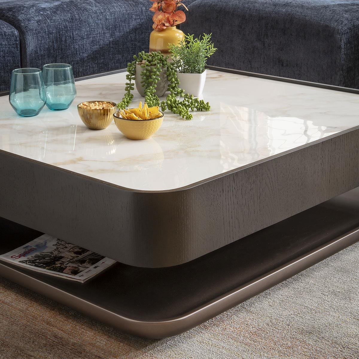 Ashlon Black Coffee Table White Marble Effect Ceramic 103x93cm