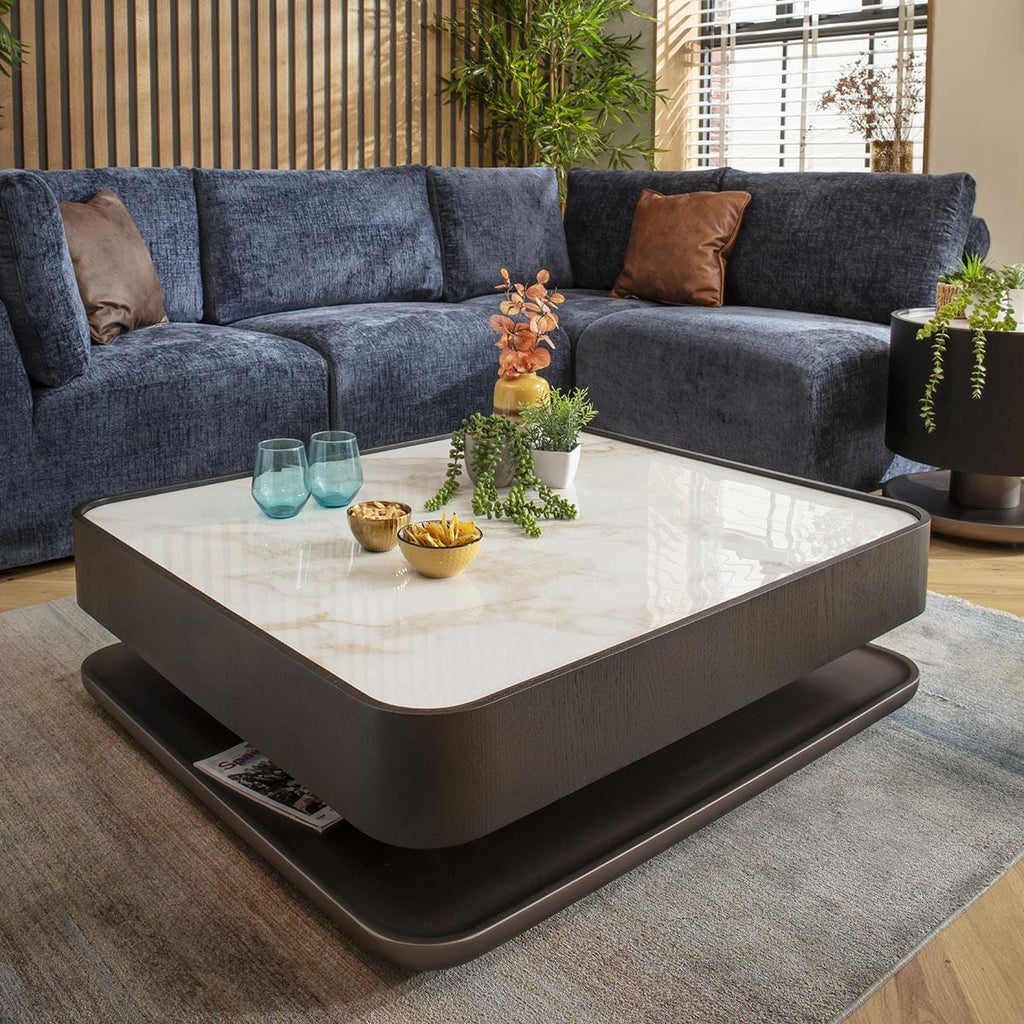 Ashlon Black Coffee Table White Marble Effect Ceramic 103x93cm