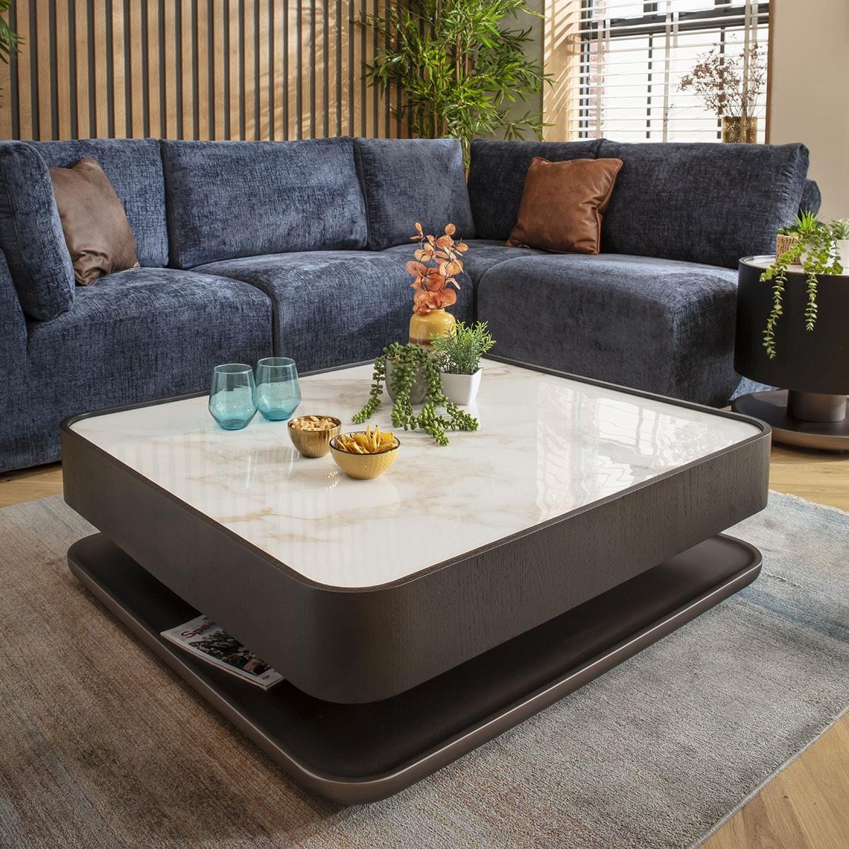 Ashlon Black Coffee Table White Marble Effect Ceramic 103x93cm