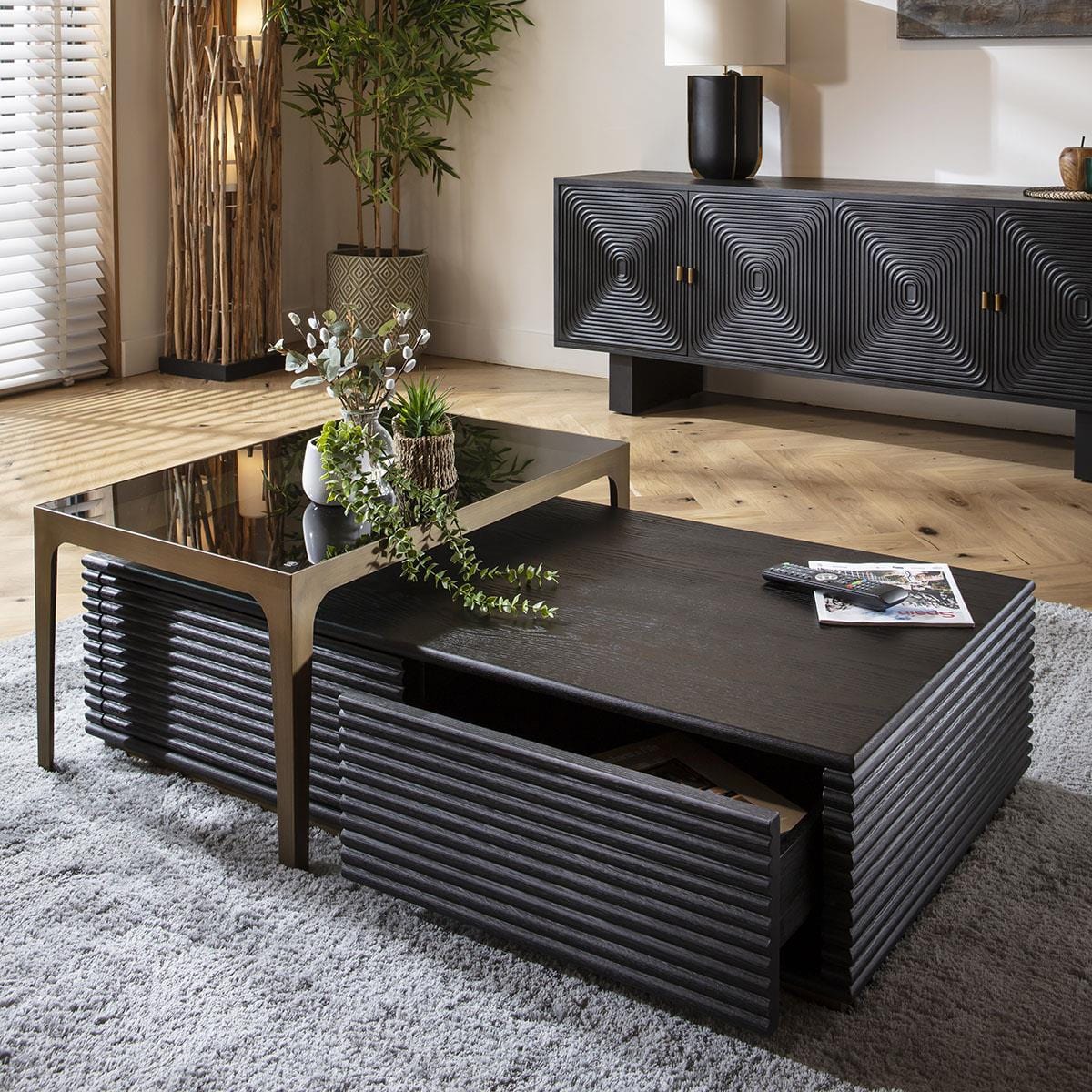 Baza Nested Coffee Table Black Oak & Glass 120x65cm