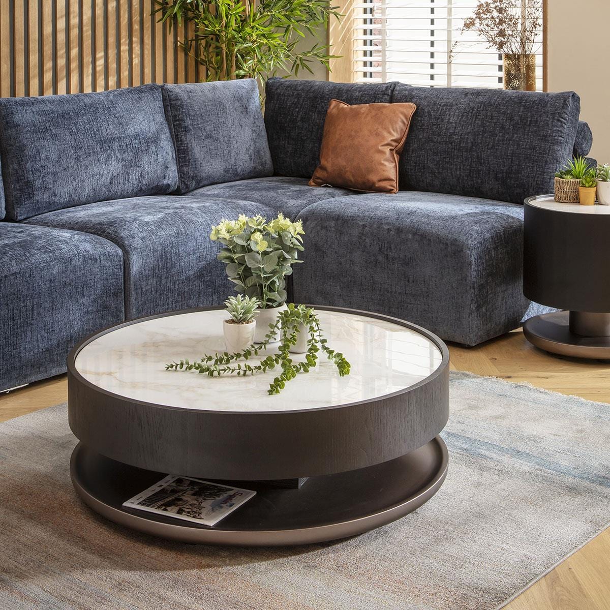 Ashlon Round Black Coffee Table White Marble Effect Ceramic 93cm