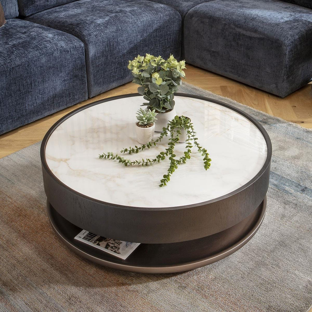Ashlon Round Black Coffee Table White Marble Effect Ceramic 93cm