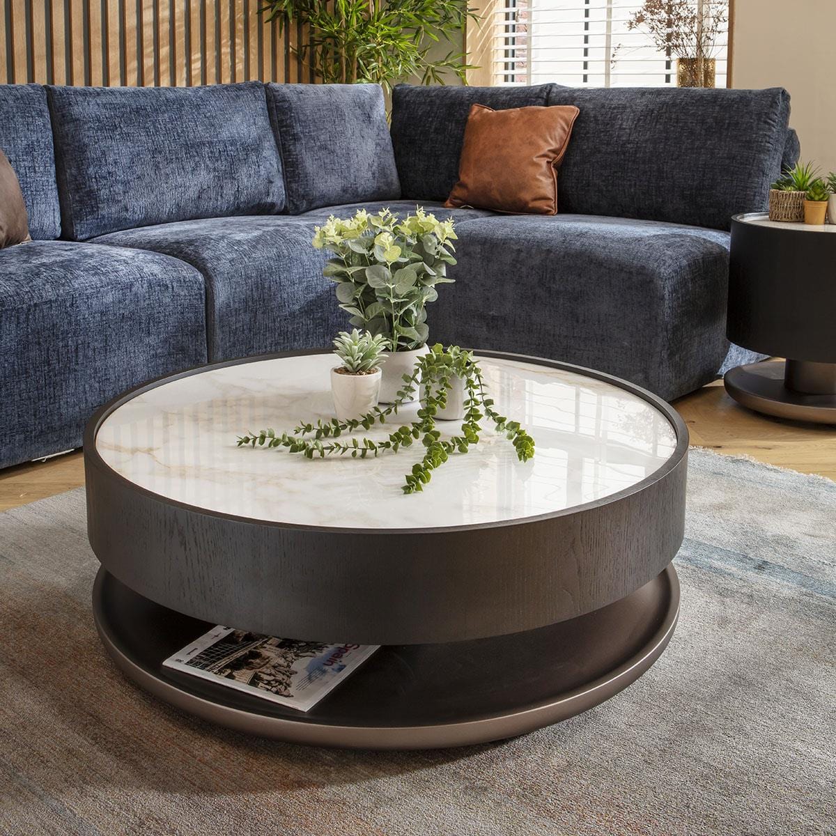 Ashlon Round Black Coffee Table White Marble Effect Ceramic 93cm