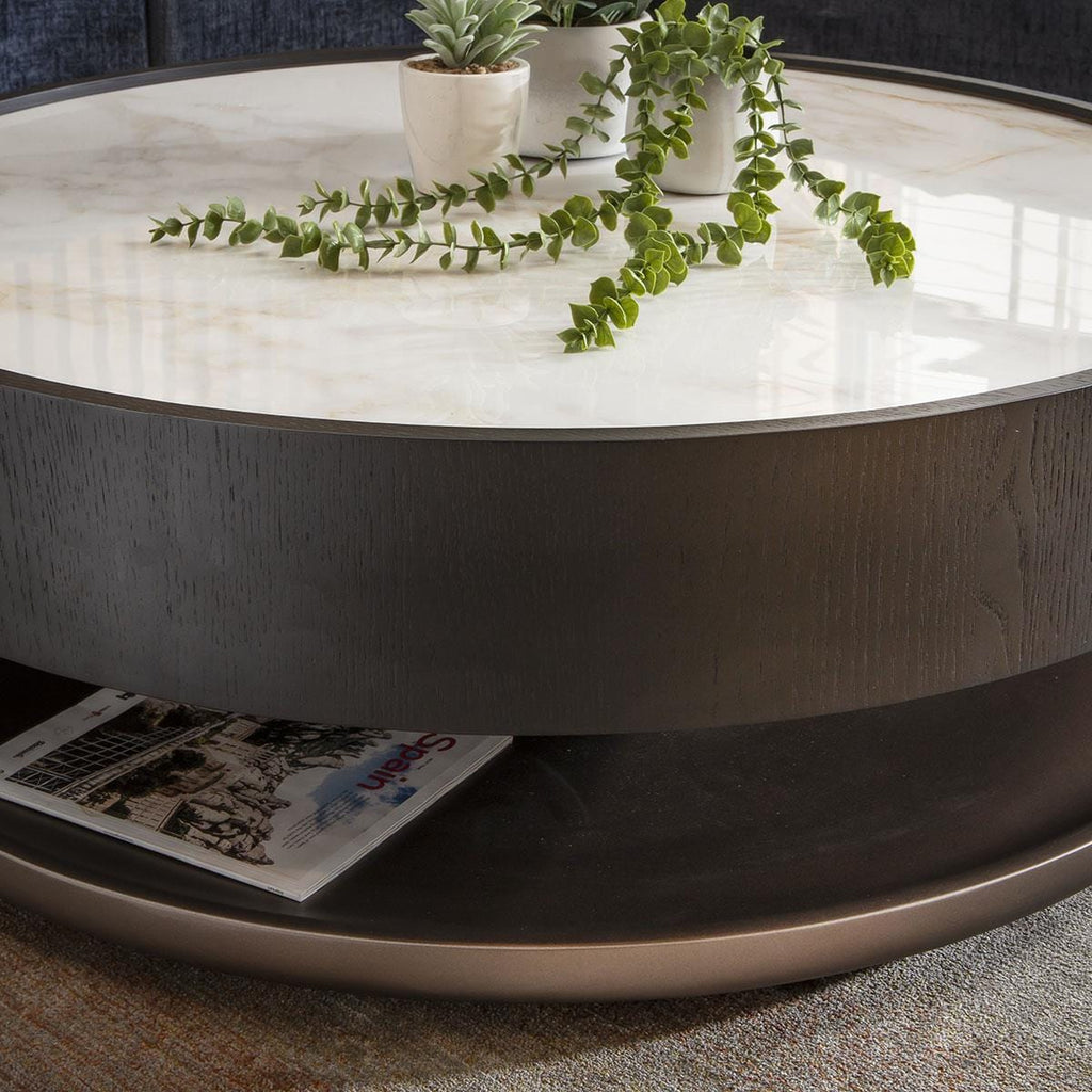 Ashlon Round Black Coffee Table White Marble Effect Ceramic 93cm