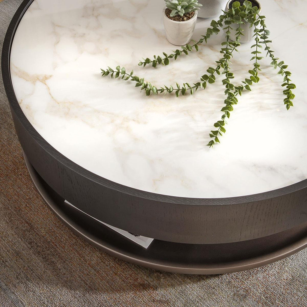 Ashlon Round Black Coffee Table White Marble Effect Ceramic 93cm