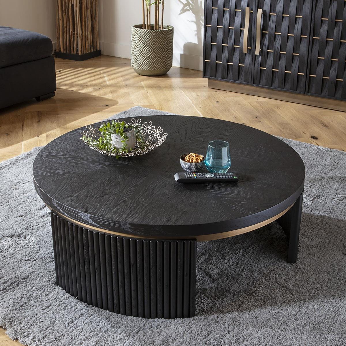 Dorian Round Coffee Table Black Oak & Brass 100cm