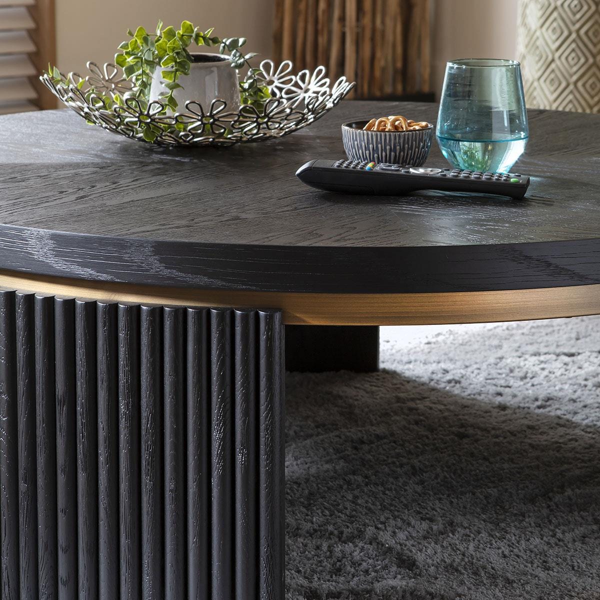 Dorian Round Coffee Table Black Oak & Brass 100cm