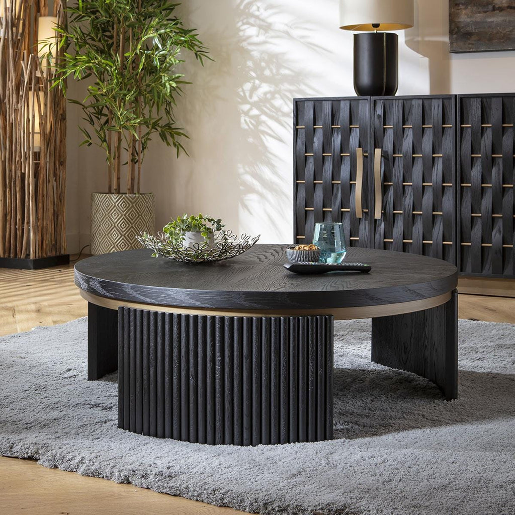 Dorian Round Coffee Table Black Oak & Brass 100cm