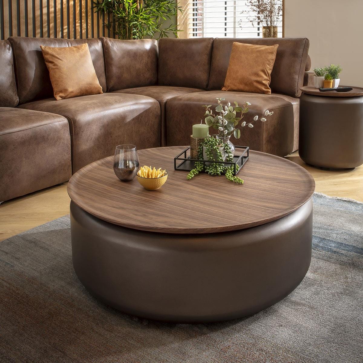 Pascal Modern Round Coffee Table Walnut & Brown 90cm