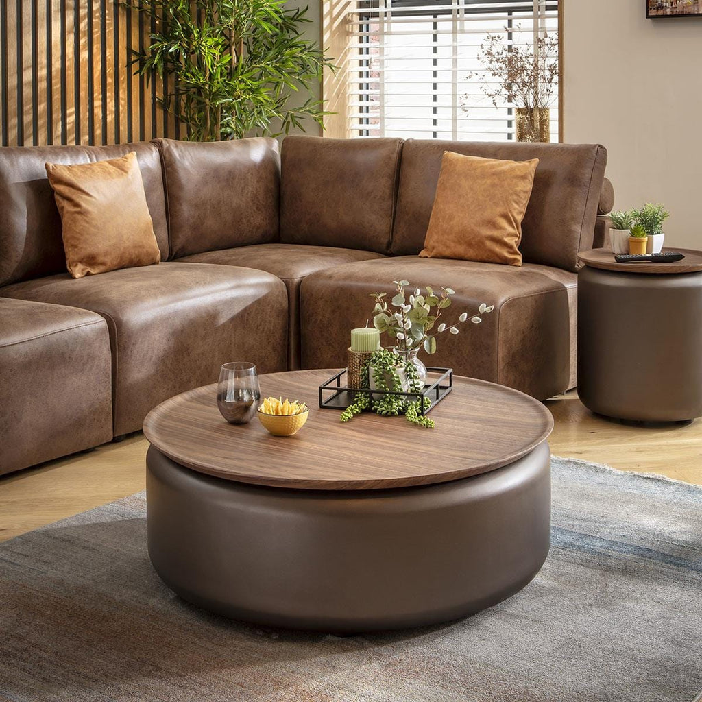 Pascal Modern Round Coffee Table Walnut & Brown 90cm