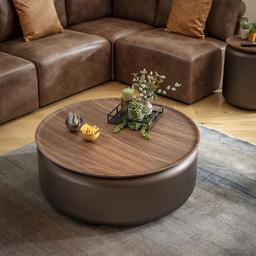 Pascal Modern Round Coffee Table Walnut & Brown 90cm