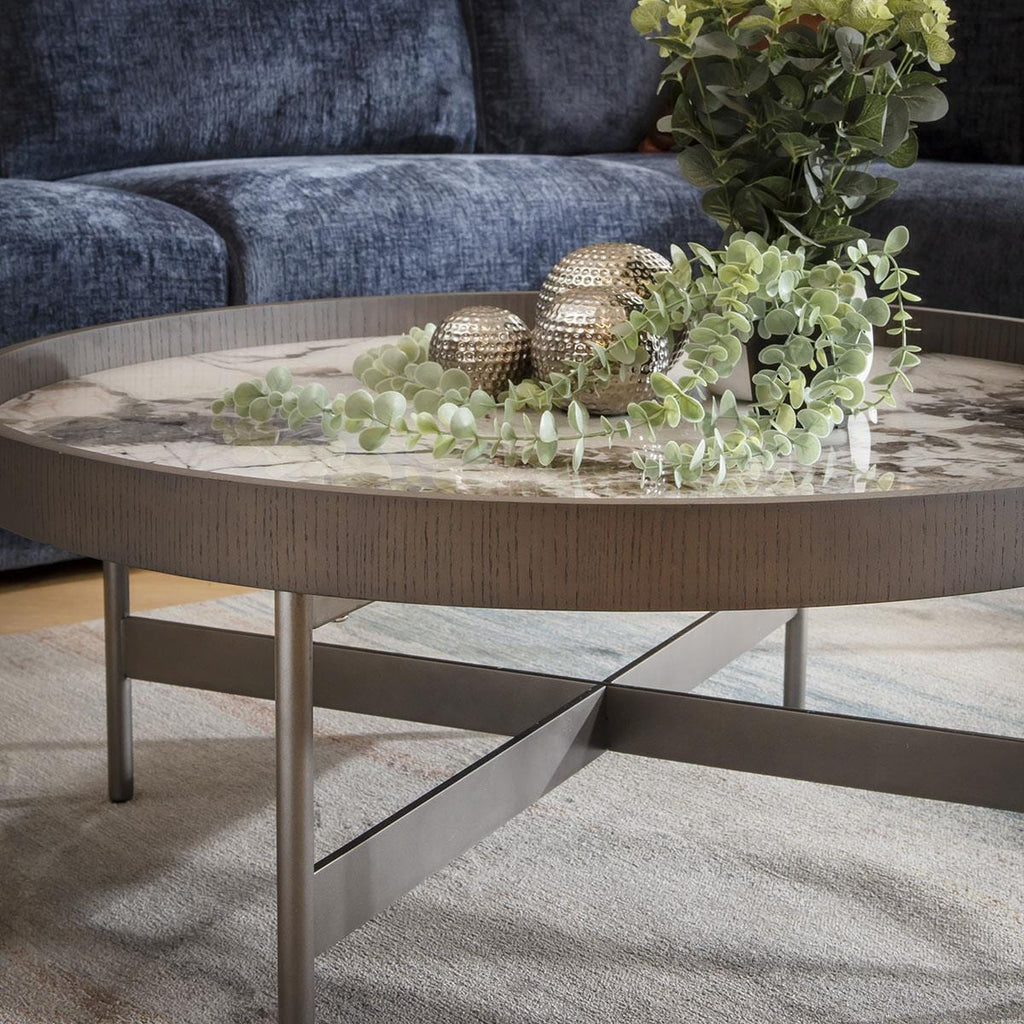 Quincy Round Glass Coffee Table White Marble Effect 90cm