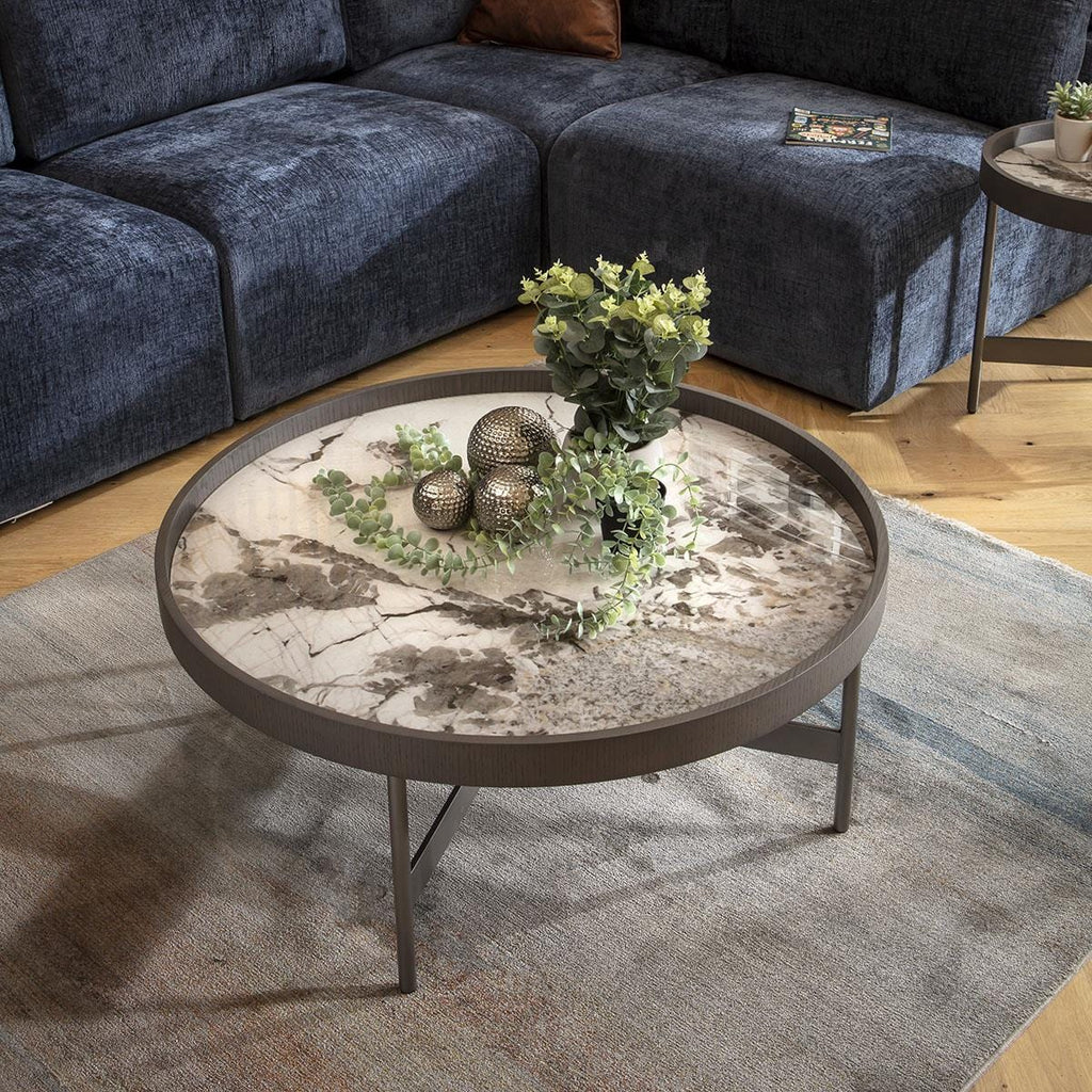 Quincy Round Glass Coffee Table White Marble Effect 90cm