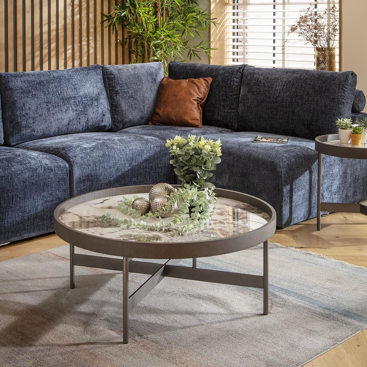 Quincy Round Glass Coffee Table White Marble Effect 90cm