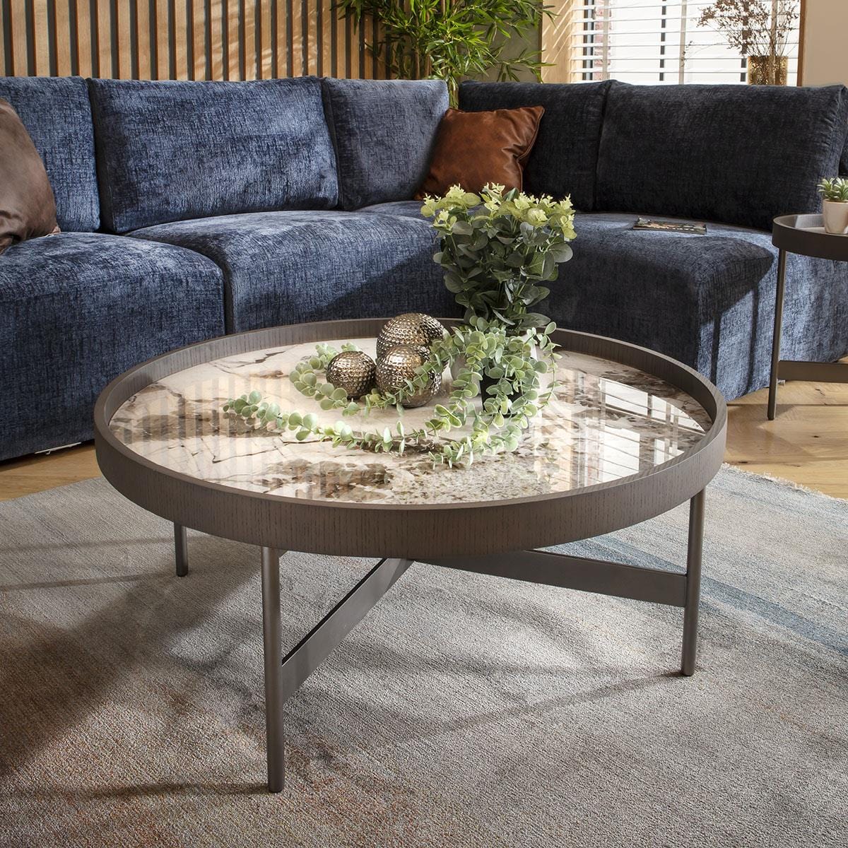 Quincy Round Glass Coffee Table White Marble Effect 90cm