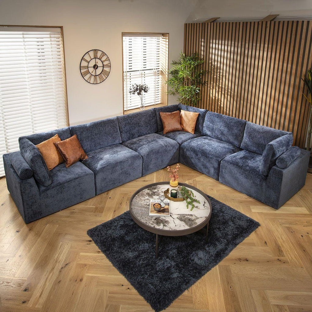 Martha 6 Seater Corner Sofa Blue Chenille 348x266cm 15L
