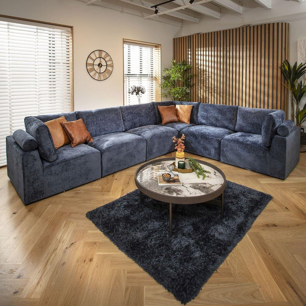 Martha 6 Seater Corner Sofa Blue Chenille 348x266cm 15L