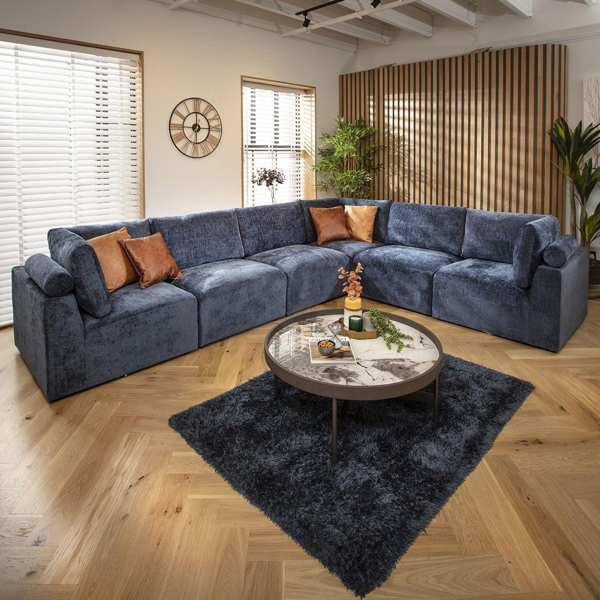 Martha 6 Seater Corner Sofa Blue Chenille 348x266cm 15L