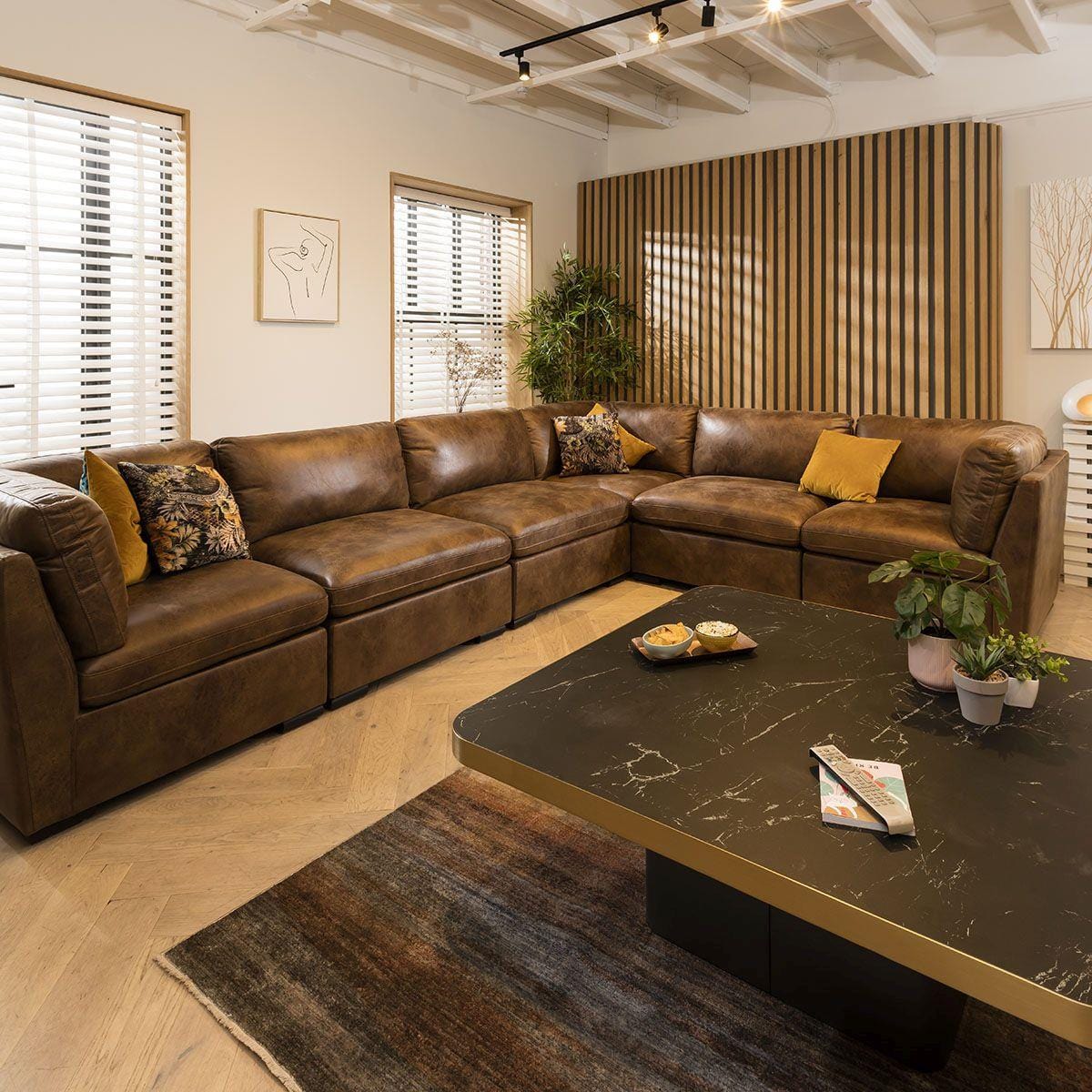 Mikey 6 Seater Corner Sofa Brown 380x285cm 15L