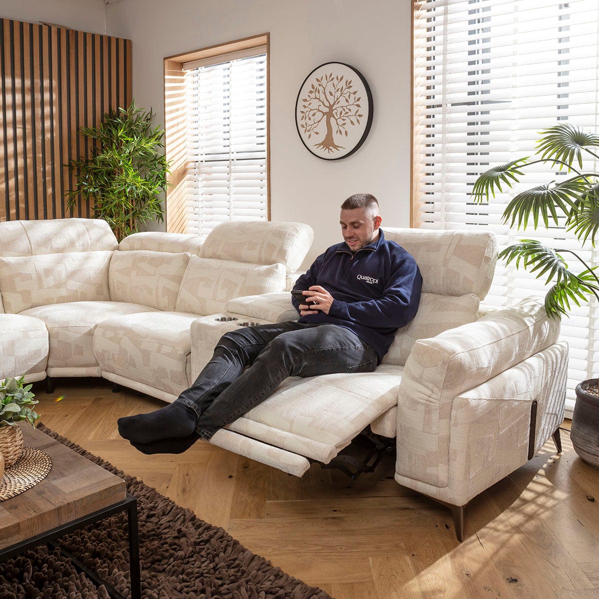 Sydney Large Recliner Corner Sofa with Built in Sound System & Storage Cream Pattern 340x300cm